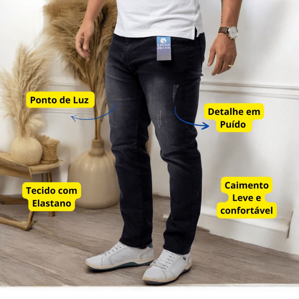 Calça Jeans Masculina Slim Preta Puído Used Masculino Tecido Leve Presente Pai