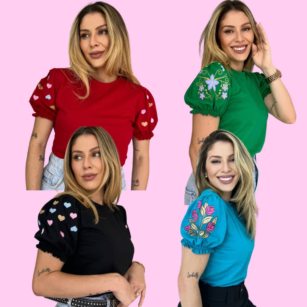 Kit 4 Blusa T-shirt Feminina Manga Bufante estampada Silk 3D 100% Algodão