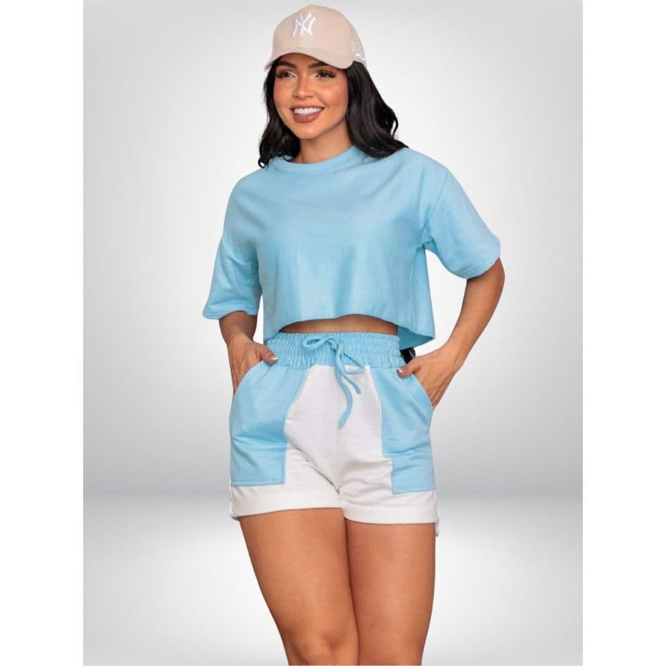 Conjunto Moletinho Feminino Camiseta Cropped Short Moletom feminino