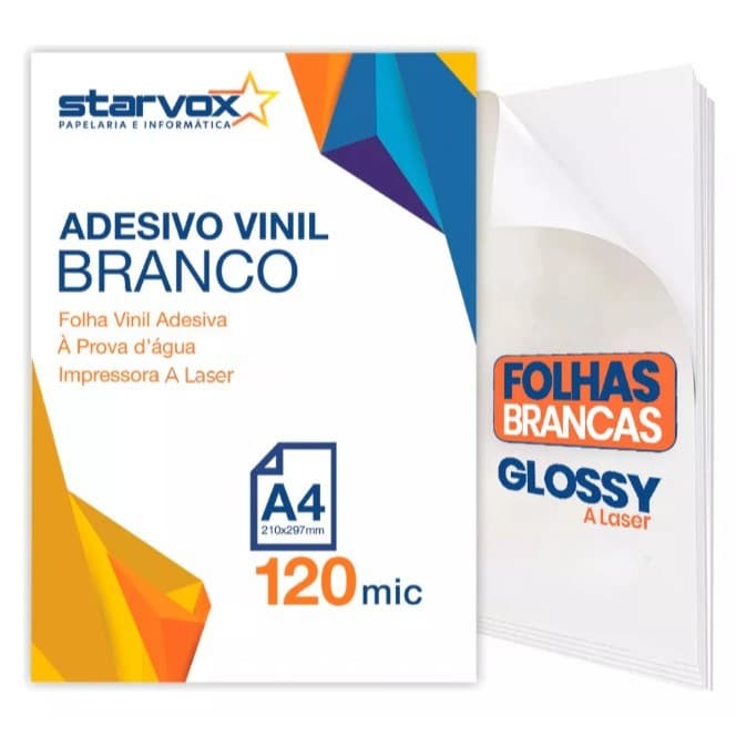 10 Folhas Adesivo Vinil Branco p/Impressora LASER A4 210x297mm Starvox