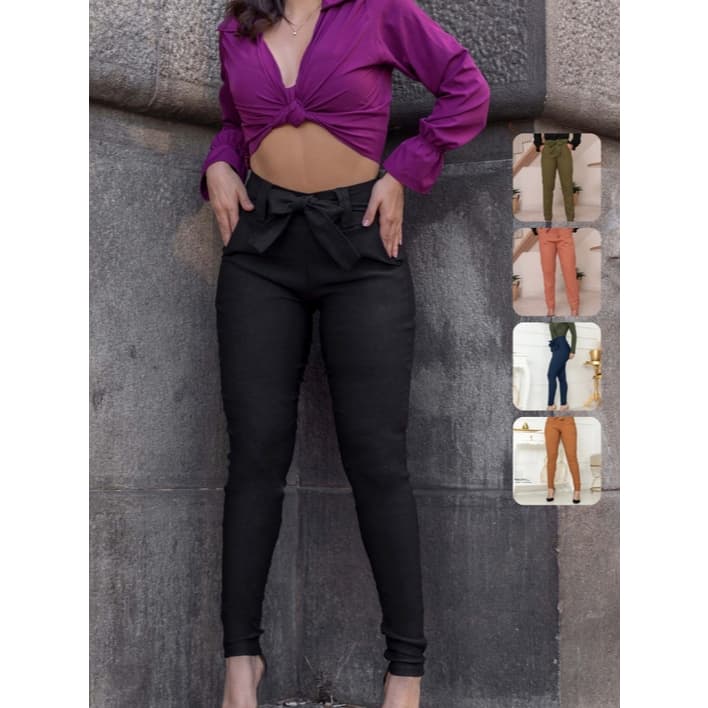 Calça Feminina Social Com Lycra Clochard Laço Skinny Cintura Alta Cinto