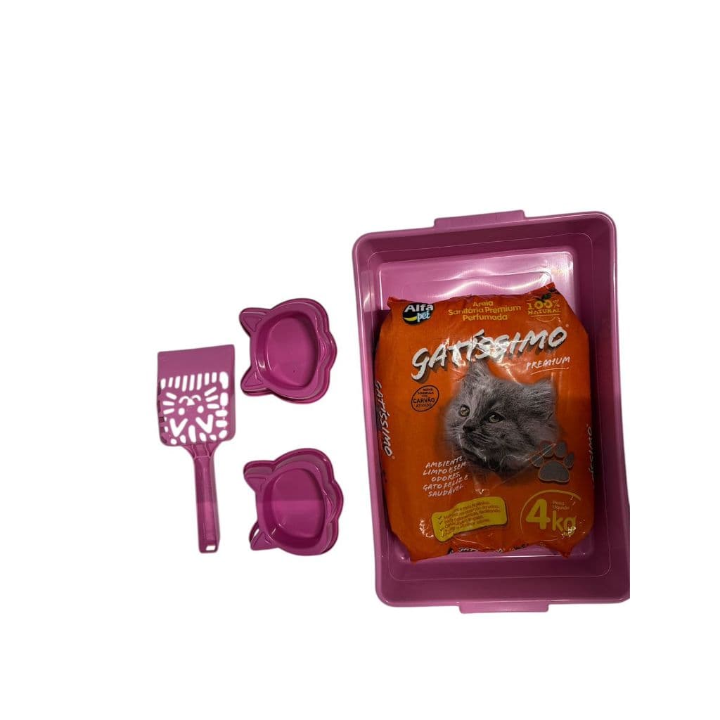 Kit Areia Gatissimo Perfumada 4Kg + Caixa de Areia para gatos + comedouro + bebedouro + pazinha