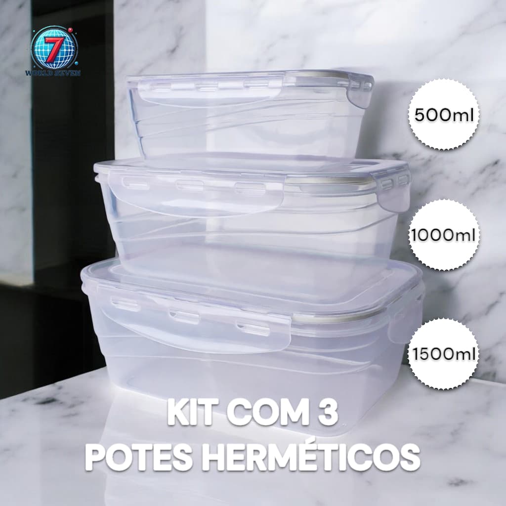 Kit 3 Potes Herméticos de Plástico e tampa c/ TRAVA de ALTA Vedação de Silicone 500ml/1000ml/1500ml