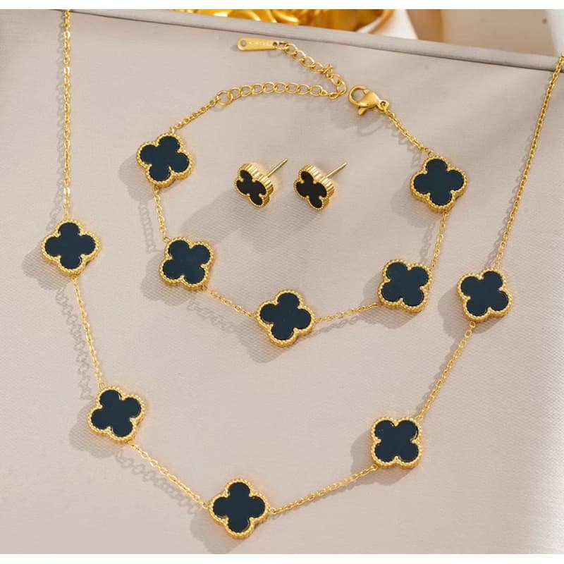 Kit 3 Peças Colar Pulseira e Brinco Trevo de 4 Folhas de Aço Inoxidavel banhado a ouro 18k Van clero