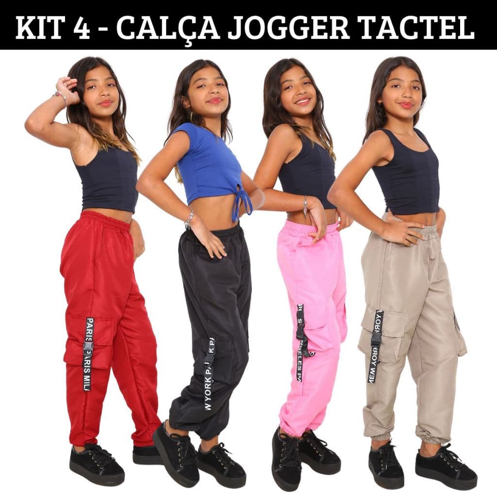 PROMOÇAO KIT 4 Calça Infantil Feminina Para Meninas Estilosas Calça Jogger Cargo 4 Bolso Tecido Tactel Moda Crianças t