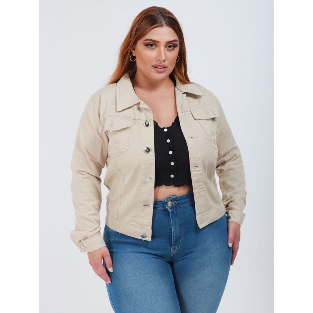 Jaqueta Jeans Feminina Plus Size com Bolso e Barra Bege Preta Branca Moda Fashion Outono Inverno