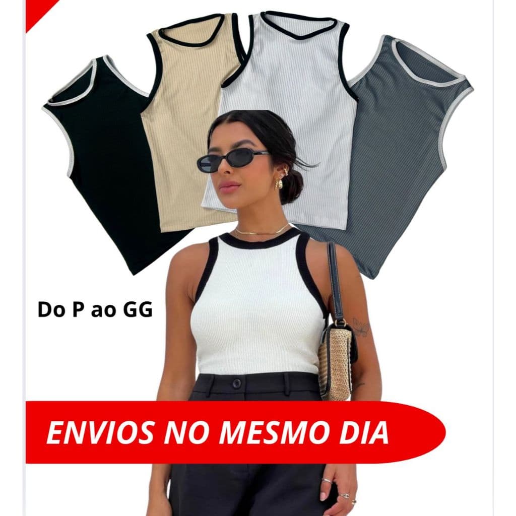 KIT com 4 Blusas Feminina Regata Básica Canelada Bicolor Americana do P ao GG Plussize