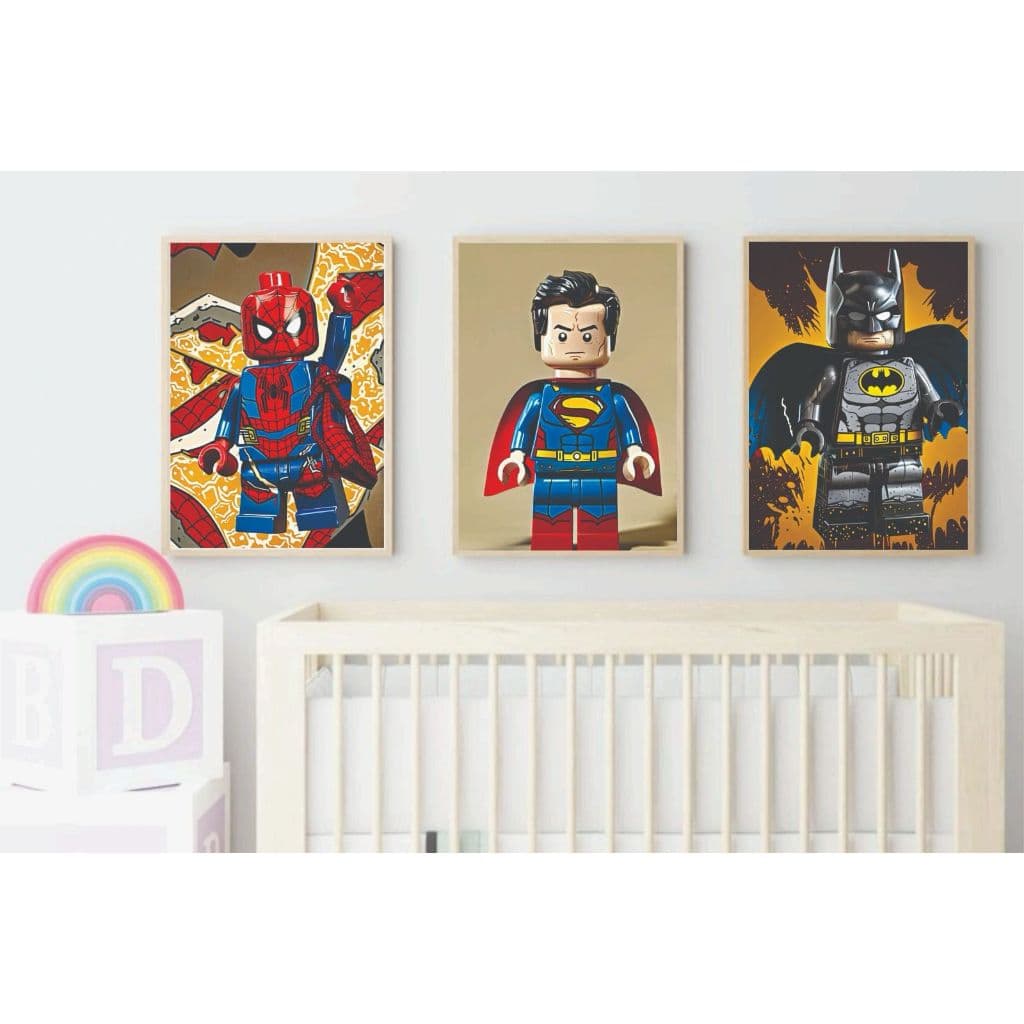 Quadro decorativo 3 peças Super Heróis Lego Homem Aranha Super Man Batman decoraçao infantil quarto
