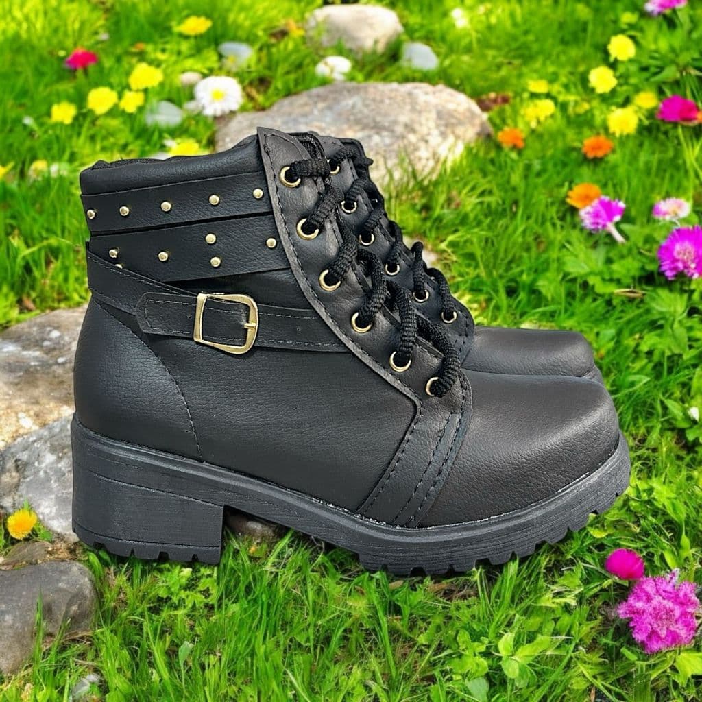 Bota Feminina Tratorada Salto Grosso Baixo Coturno Cano Baixo Aplique Fivela Lateral Moderno Bota Coutry Estilosa Moda