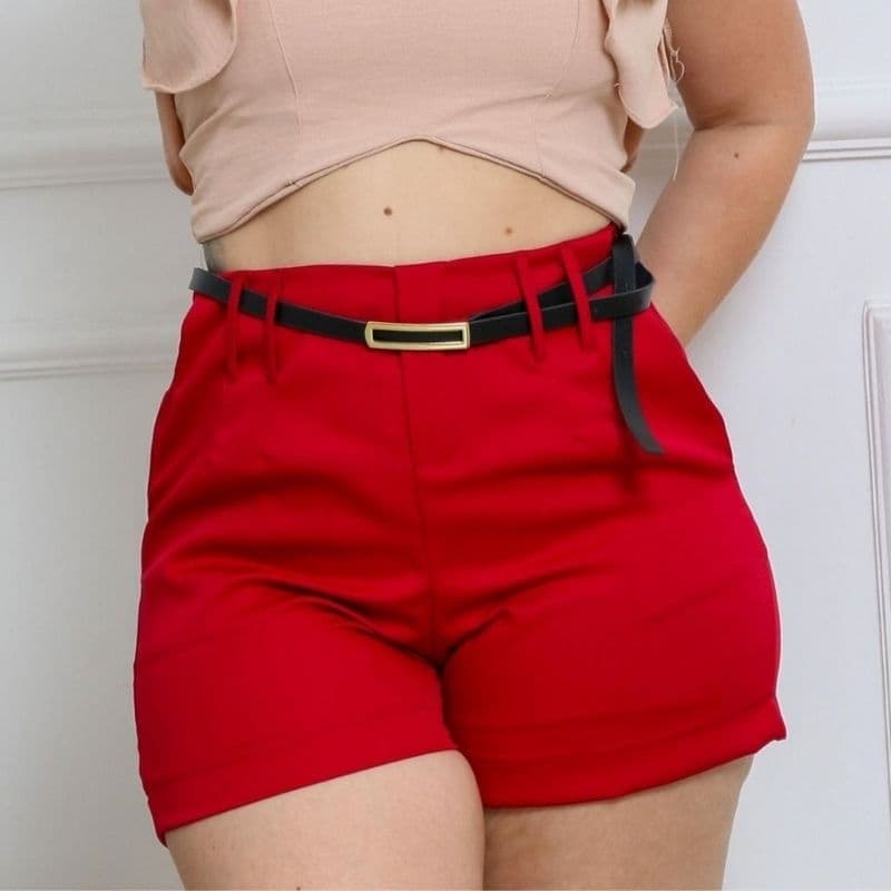 Short Alfaiataria Feminino Social Cintura Alta Com Zíper Na Lateral Acompanha Cinto Zíper Na Lateral