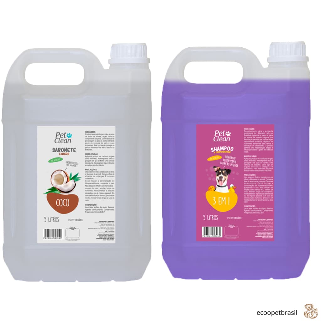 KIT 2 Shampoo de 5 litros, Hidratante e Condicionador Pet Clean Cachorro e Gato, Banho e Tosa