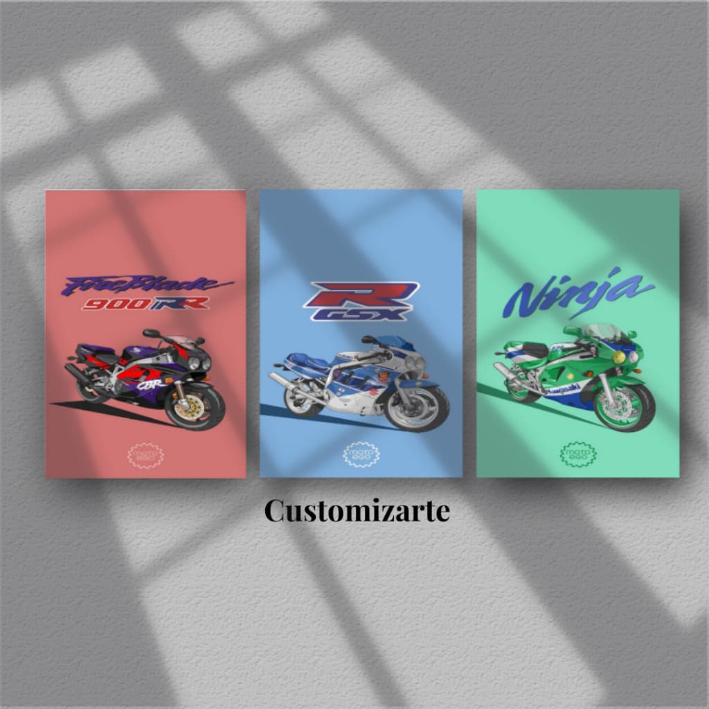 Kit 3 Quadros Decorativos Para/ Oficinas, Quarto, Escritório, Sala, Motos Retro Honda, Suzuki, Kawasaki, MDF 20x28.