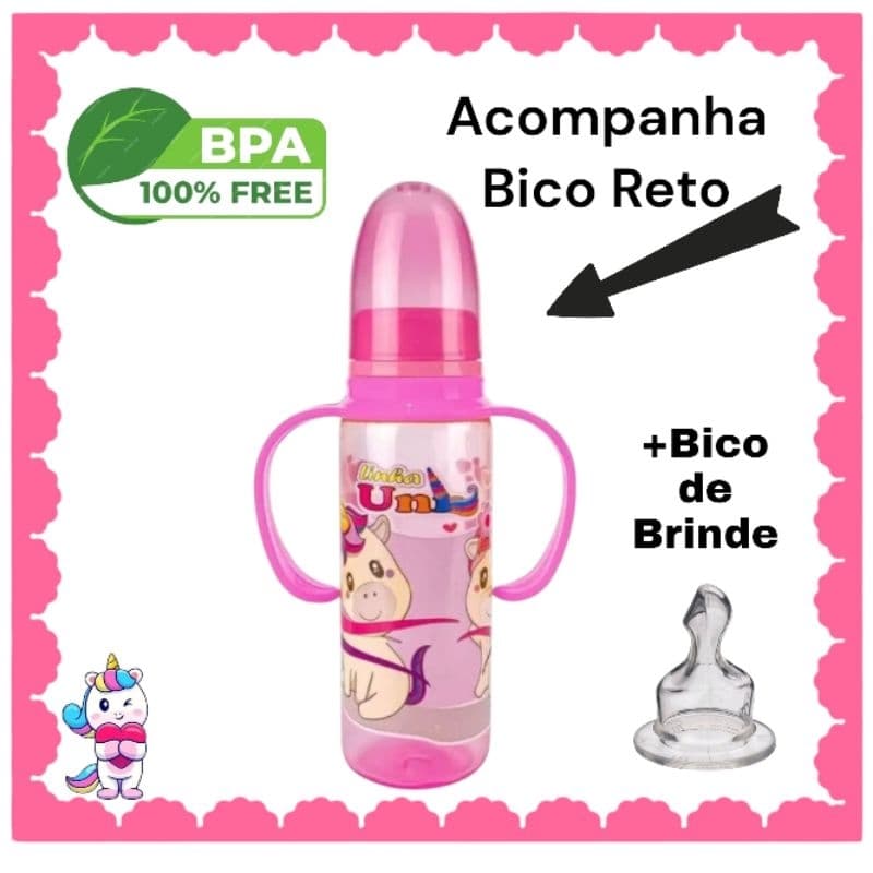 Mamadeira 240ml Menina unicornio bico silicone redondo + brinde bico ortodôntico