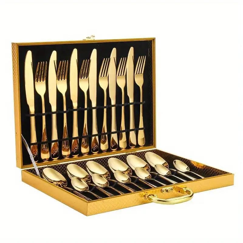Jogo Talheres 24 Peças Faqueiro Inox Premium Luxo Com Maleta Dourado