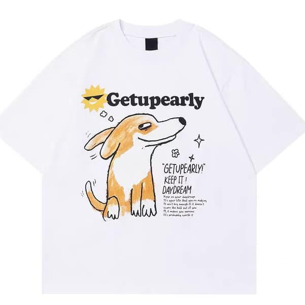 Camiseta de algodão Camiseta casual unissex Estampa de cachorro com pegada camiseta anime camiseta branca