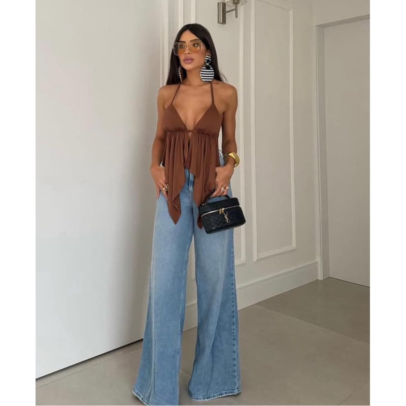 Top Cropped Alcinha Feminino Frente Única com Babado Costa Nua Bata Tendência Boho Chic Cortininha Amarração