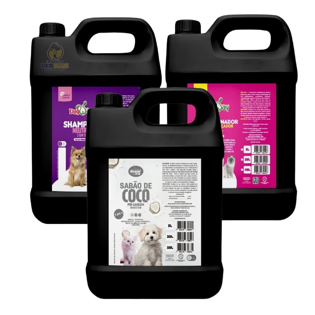 Kit Shampoo Neutro Pré Lavagem Coco Condicionador Desembaraçador Pra Cachorro Gato Banho E Tosa Cão- 5l