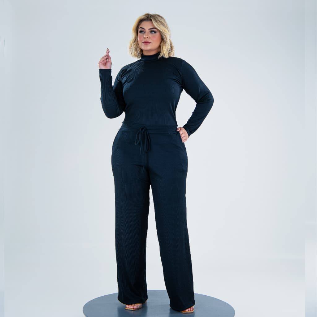 Conjunto Feminino Plus Size Calça Wide Leg Blusa Gola Alta Segunda Pele Veste Até G4 Grande