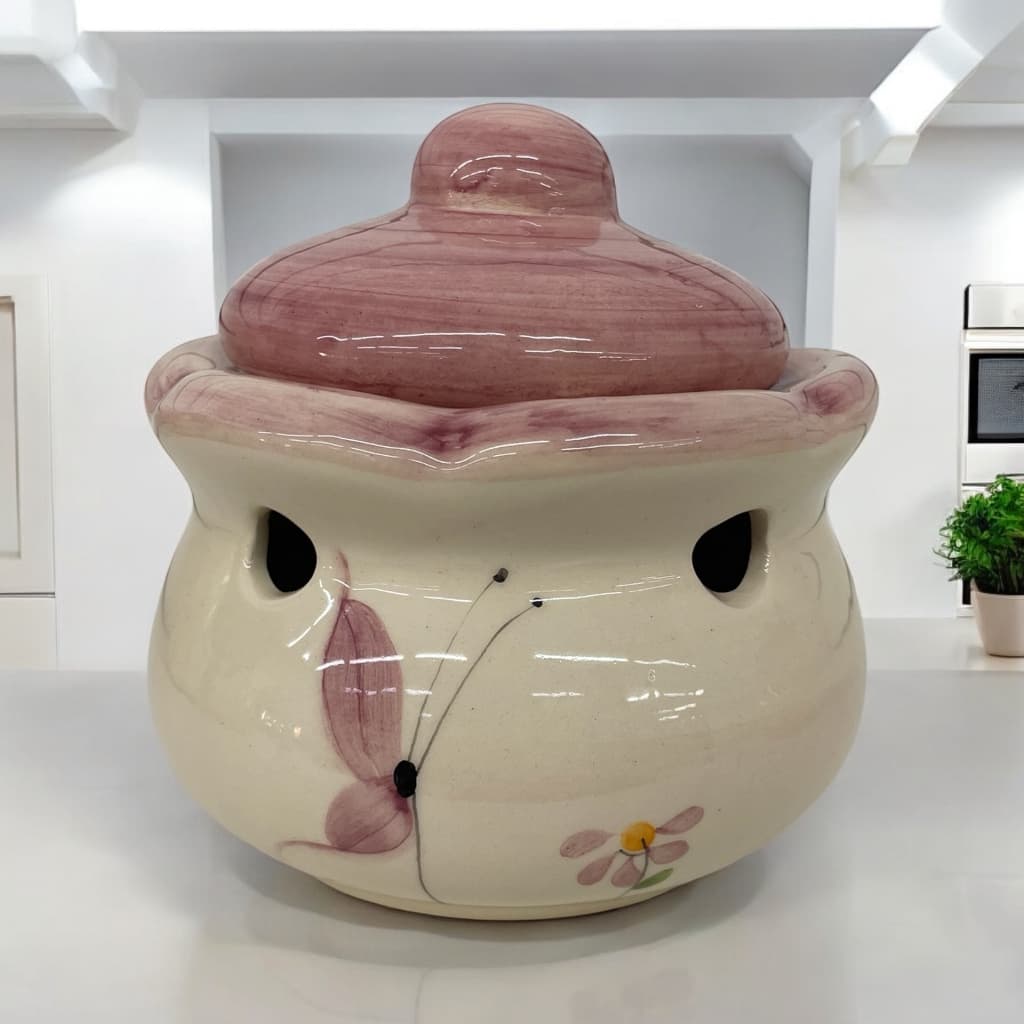 Porta Alho Mantimentos em Cerâmica Pintado á Mão com Tampa