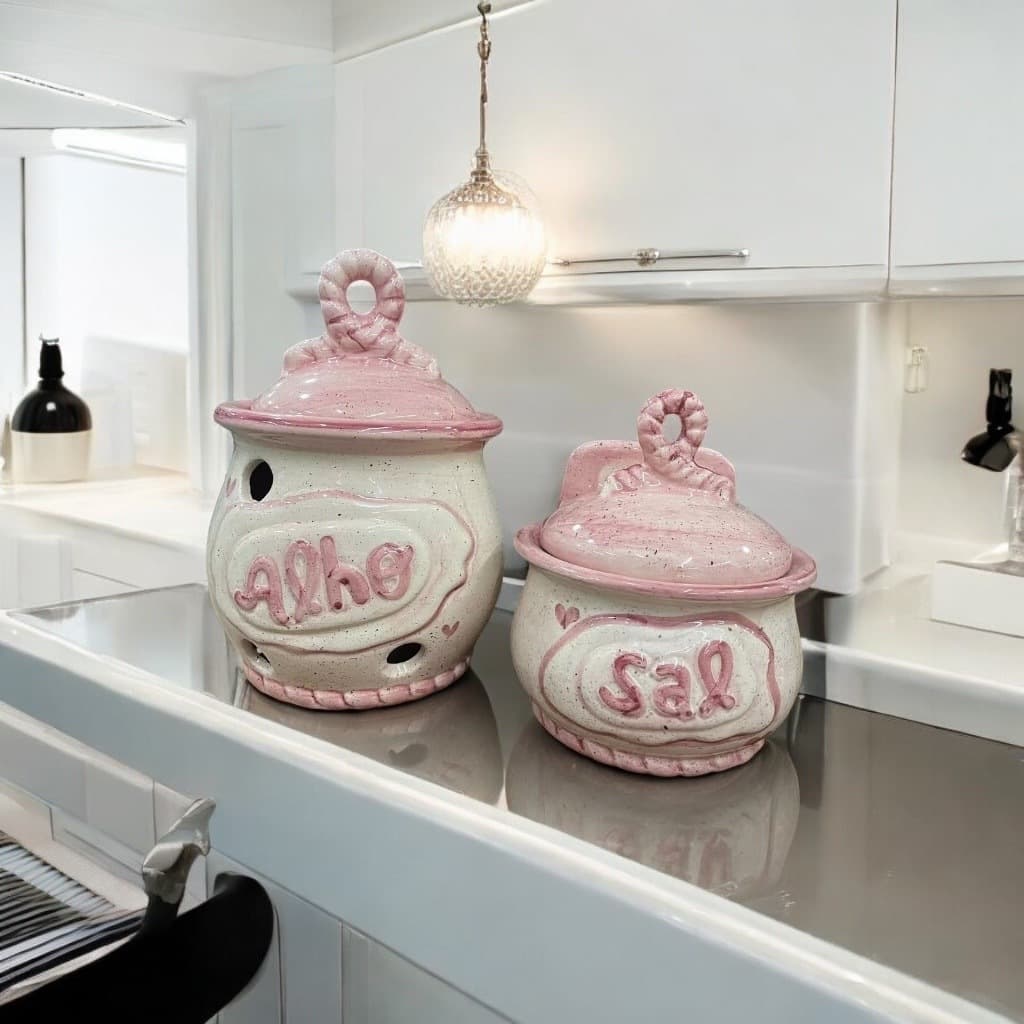 Kit Saleiro e Alheiro de Ceramica Pintado a Mão Artesanal Mantimento Pote Alho e Sal