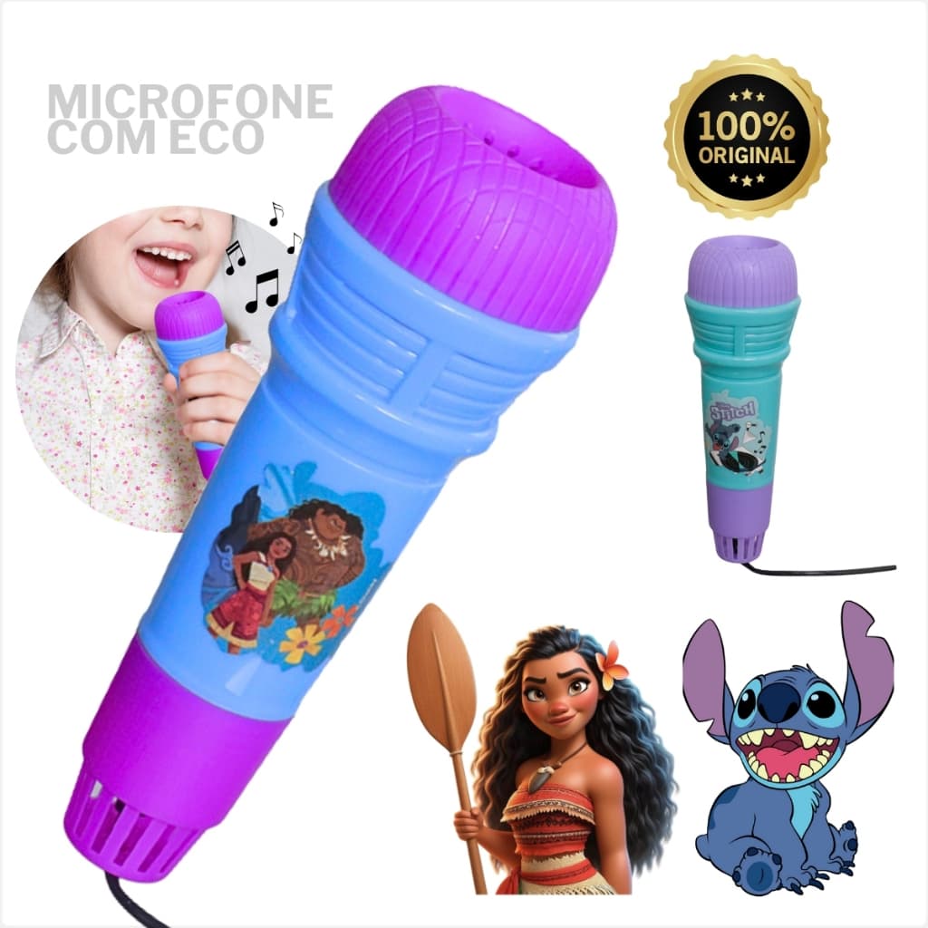 Microfone Com Eco Infantil Brinquedo Moana Stitch Disney Musical