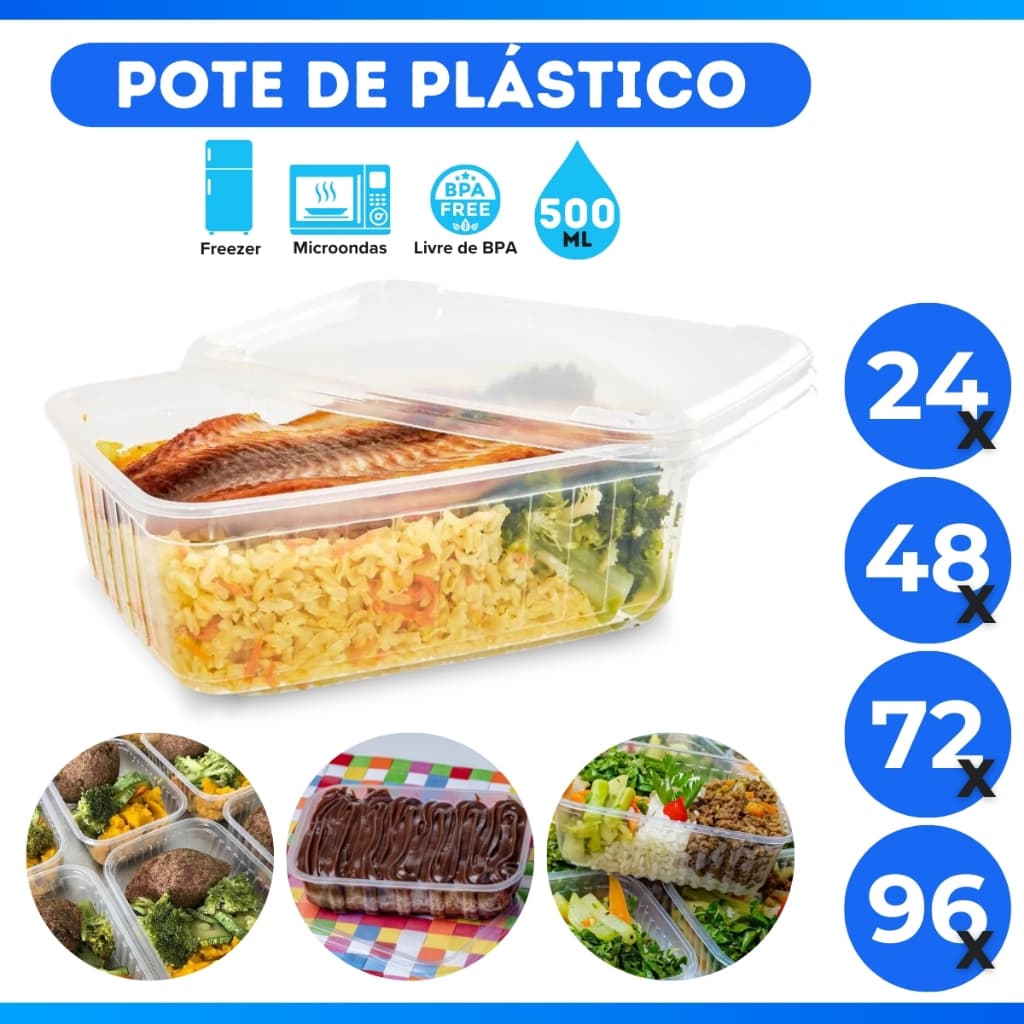 96 Potes 500ml Retangulares Descartáveis Com Tampa Para Freezer e Microondas