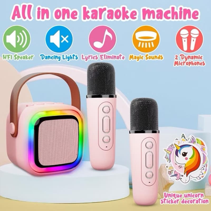 Caixa De Som Bluetooth Karaoke 2 Microfones Sem Fio Infantil,Rosa,Brinquedo Meninos/Menina,Promoção