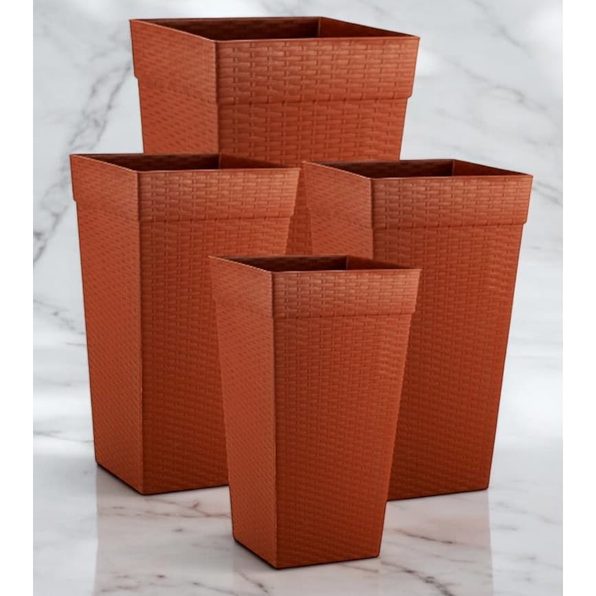 Kit 4 Vasos Coluna Rattan Plasnew - 1 Vaso 28L + 2 Vasos 17,5L + 1 Vaso 10L Marrom-Banco-Cinza-Preto