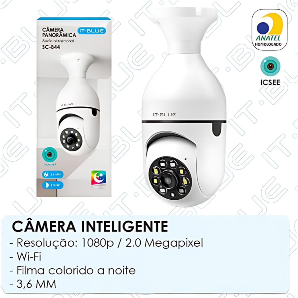 Câmera Bocal Lâmpada IP WiFi Panorâmica Áudio 355º It-Blue SC-B44 Visão Noturna Colorida