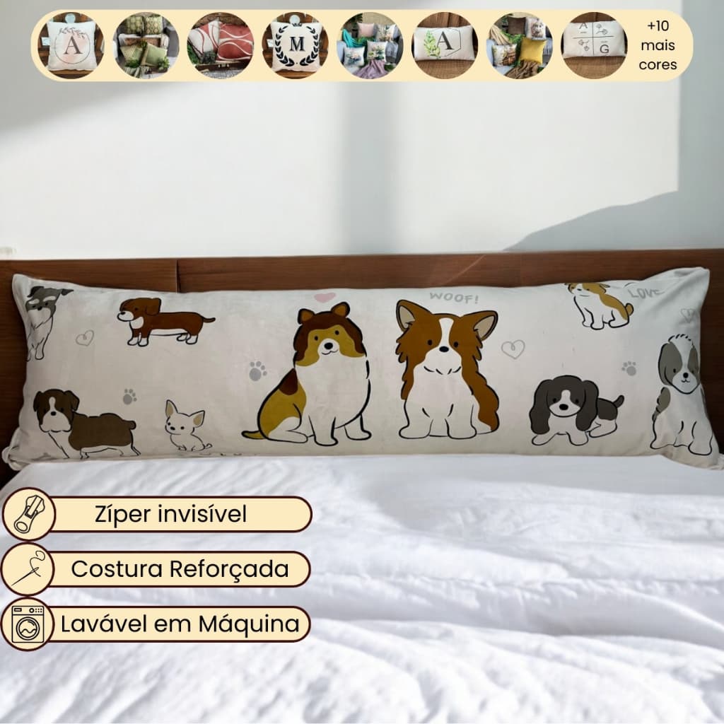 Capa de Travesseiro de Corpo Xuxão 1,40x45 cm de Veludo Pet Cachorros Decorativo para Cama