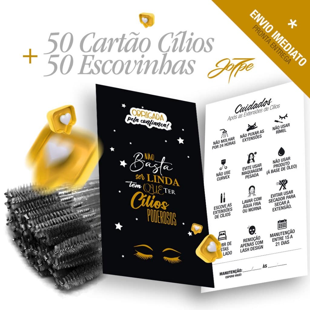 50 Escovinhas Descartáveis Cílios + 50 Cartões Cuidados Extensão de Cílios ou Henna