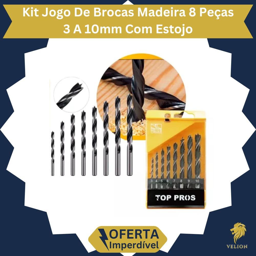 Jogo de Brocas 8 Peças Madeira Kit 3 a 10mm Profissional Com Estojo Ferramentas Furadeira