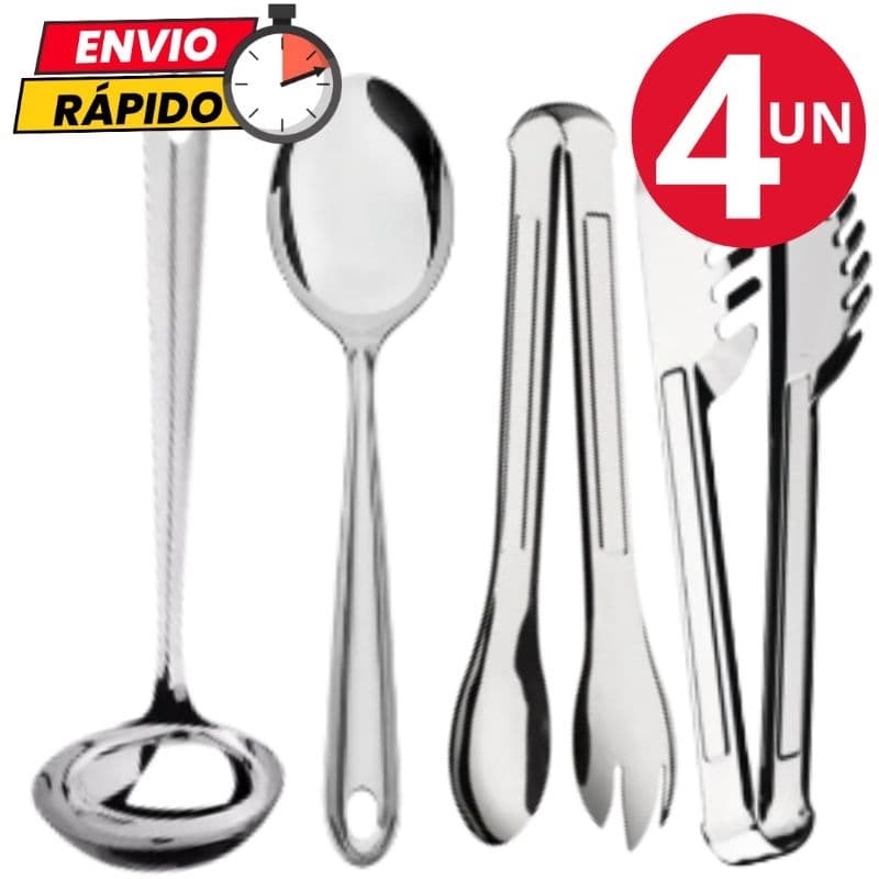 Kit Utensílios 4 Peças Concha Colher de Arroz Pegador de Massa Pegador de Salada em Aço Inox