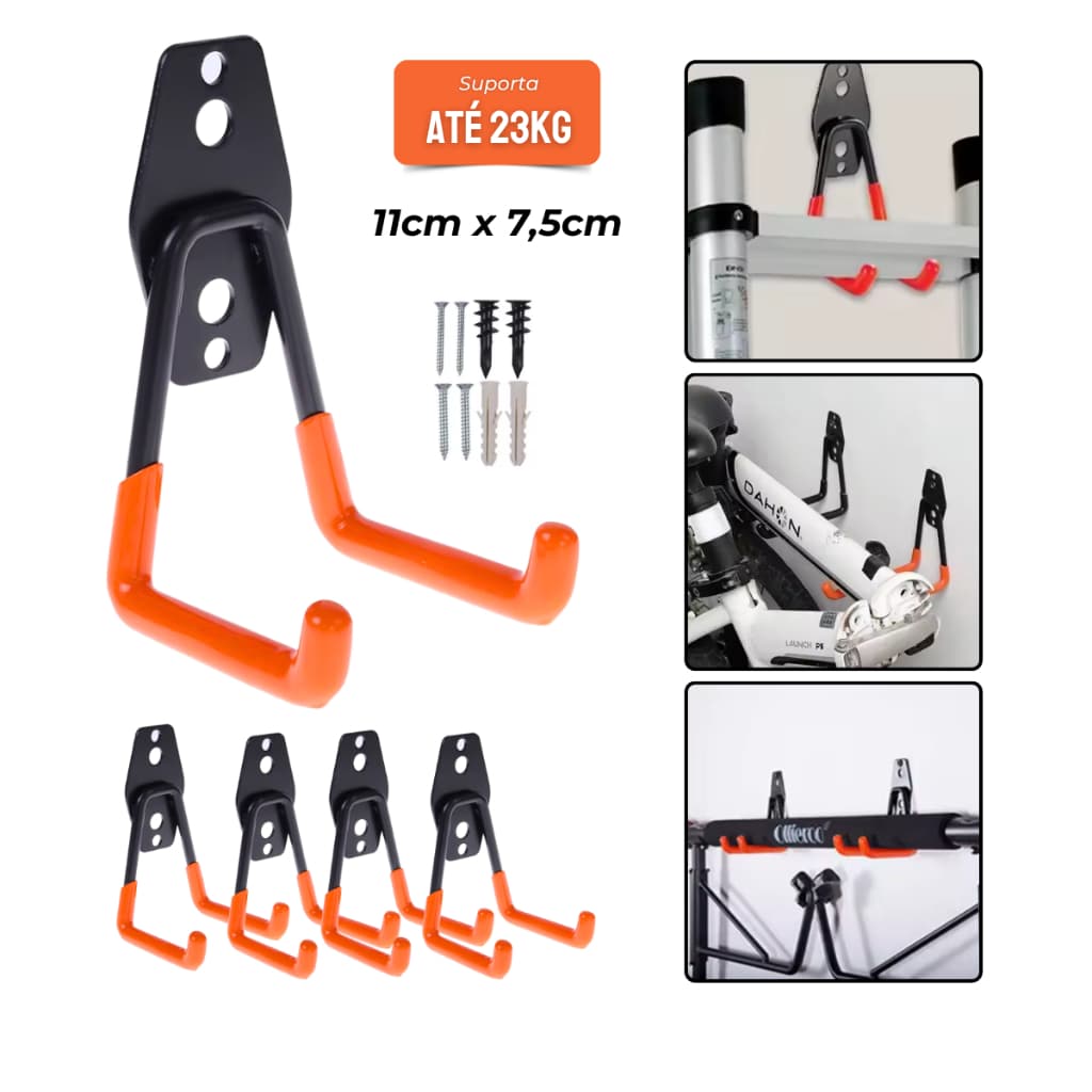 Kit 4 Suportes Multiuso de parede até 23kg Aço emborrachado Pendurar Escada Bicicleta Ferramentas