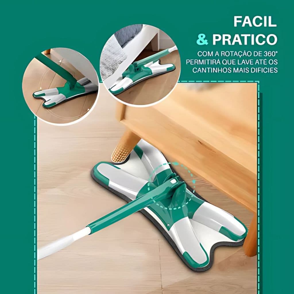 Esfregão De Limpeza Flat Mop Giratório Microfibra 360º Rodo Lava e Seca Torção Laminado Porcelanato