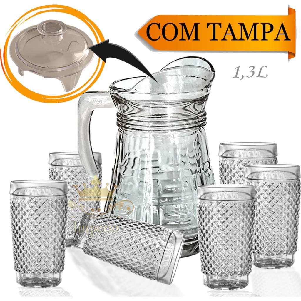 Jogo De Jarra Com Tampa E Copos 7 Pçs 1,3l Kit Suco Conjunto Garrafa Copo Em Vidro Grosso Resistente Suco Água Restauran