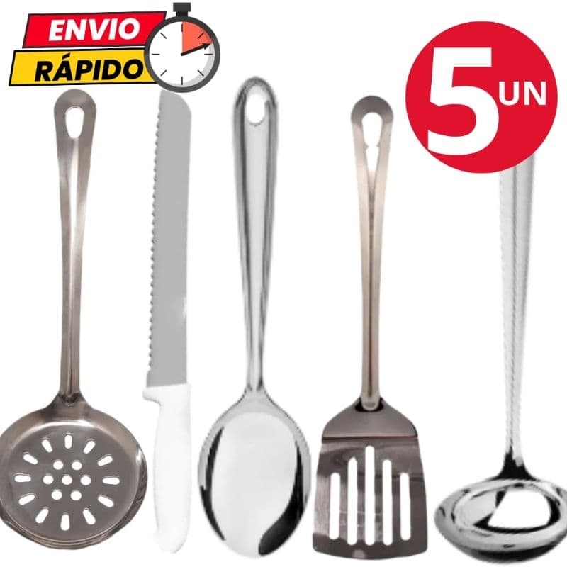 Kit Utensílios Escumadeira Faca de Pão Colher de Arroz Espátula Vazada Concha em Aço Inox