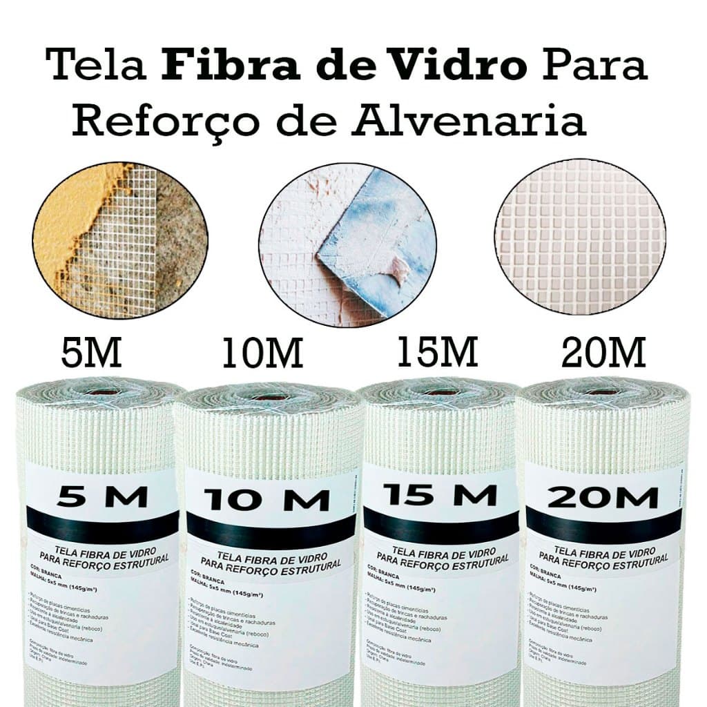 Tela Fibra Vidro Base Coat Reforço Superfícies Construção Alvenaria Opções 5m 10m 15m 20m