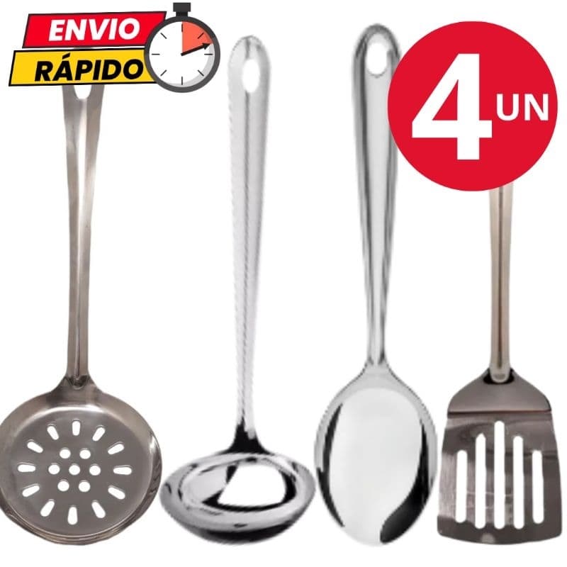 Kit Utensílios Escumadeira Colher de Arroz Concha Espátula Vazada em Aço Inox Para Cozinha Casa