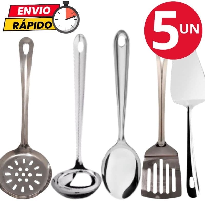 Kit Utensílios Escumadeira Concha Colher de Arroz Espátula Vazada Espátula Para Bolo em Aço Inox