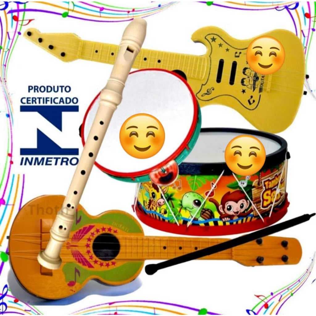 Kit Musical Brinquedos Educativo C/5 Instrumentos Tambor Violão pandeiro Flauta Infantil