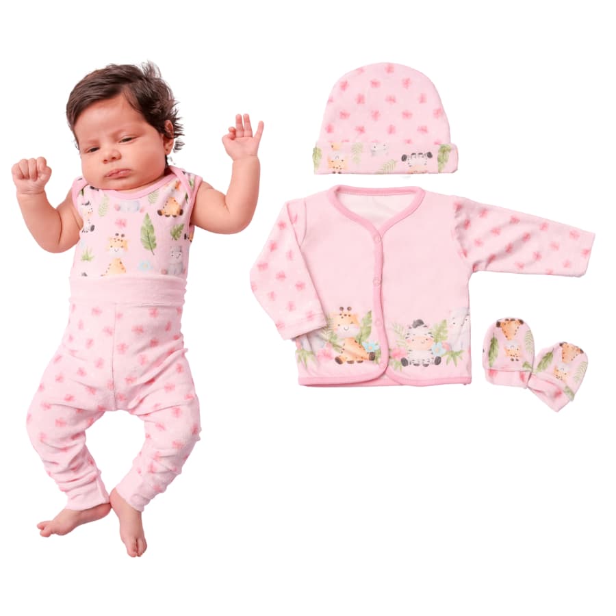 Kit 5 Peças body regata + calça + casaco manga longa + par de luvas + touca para bebe menino menina