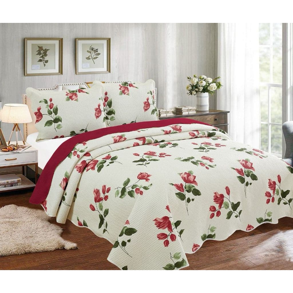 Kit Colcha Cobre Leito Casal 3 Peças Dupla Face Estampa Floral C/ Porta Travesseiro