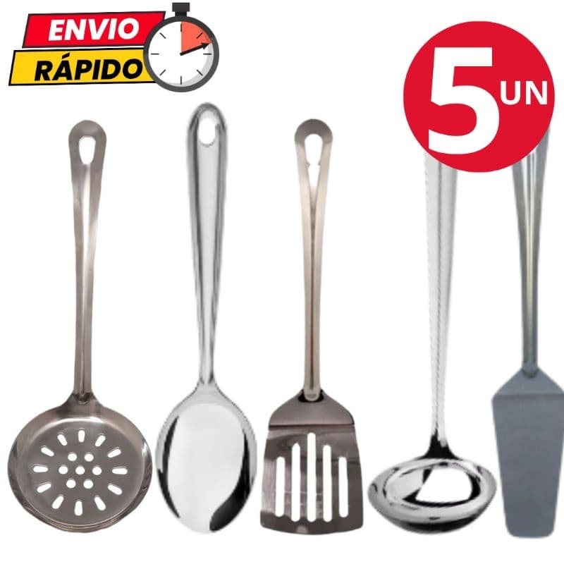 Kit Utensílios Escumadeira Colher de Arroz Concha Espátula Vazada Espátula Para Bolo Torta em Aço Inox