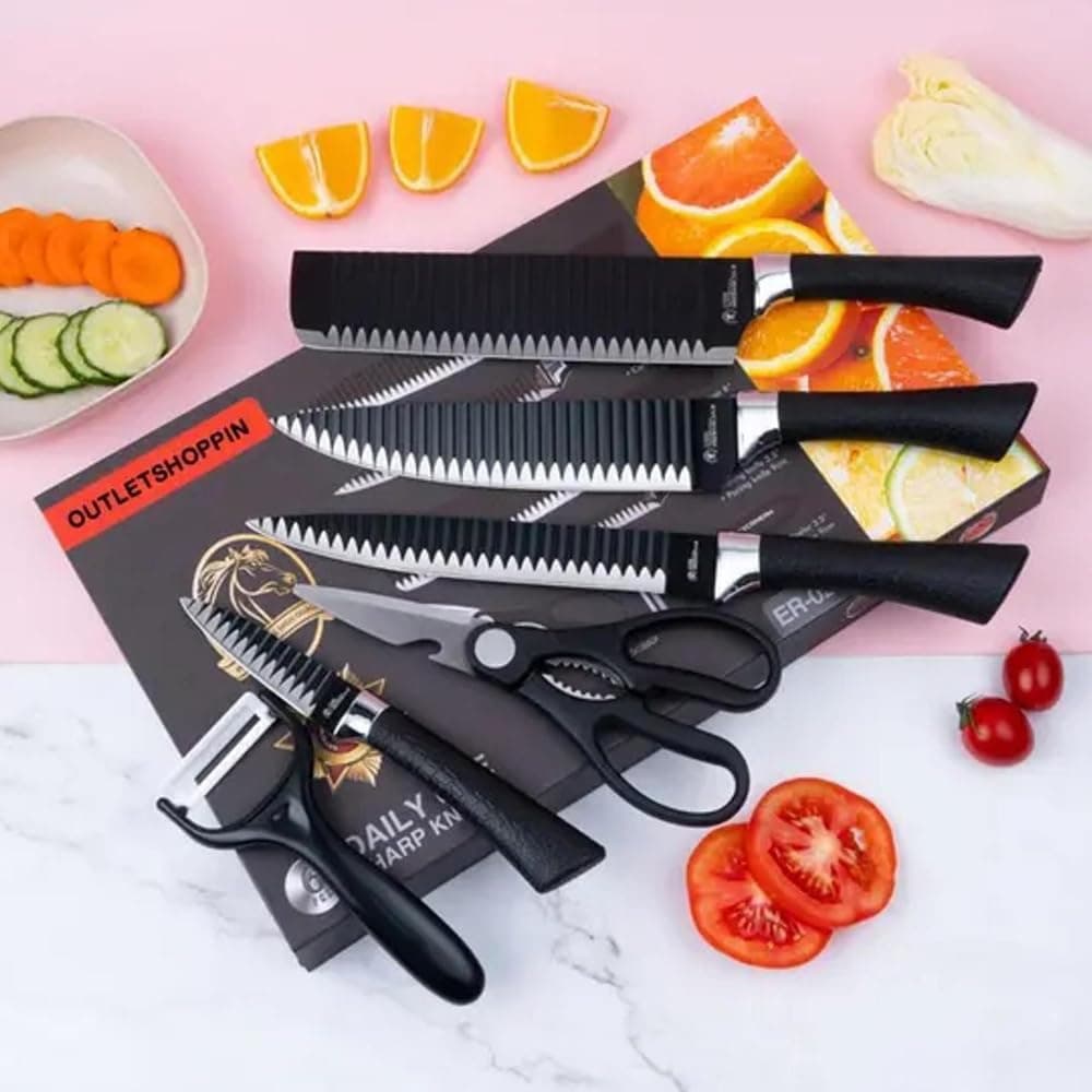 Kit Conjunto Facas de Cozinha 6 Peças com Descascador e Tesoura Chef Premium