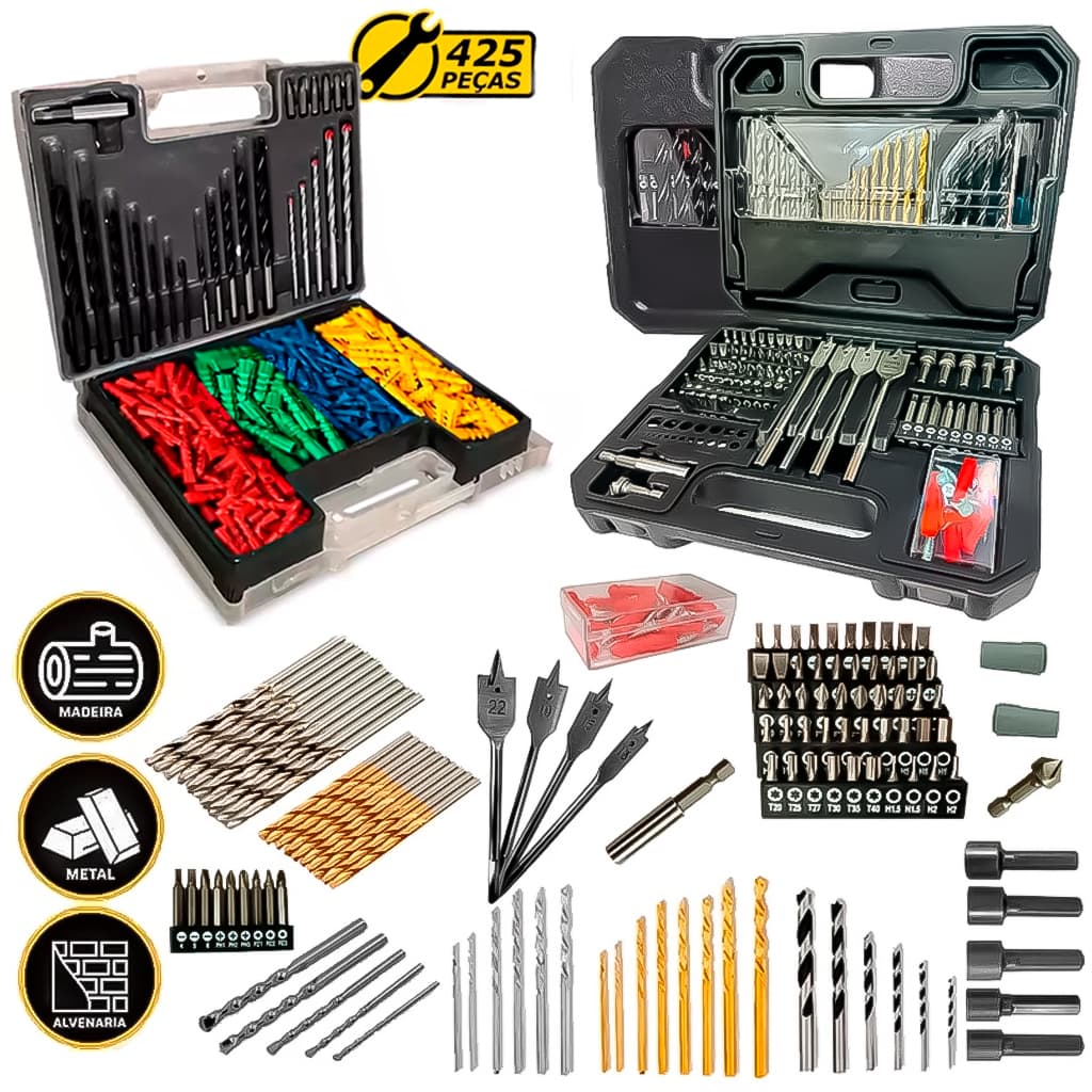 Kit Jogo Brocas Bits 125 Peças Wesco WS9958 + Jogo de Brocas Bits Buchas 300 Peças Profissional