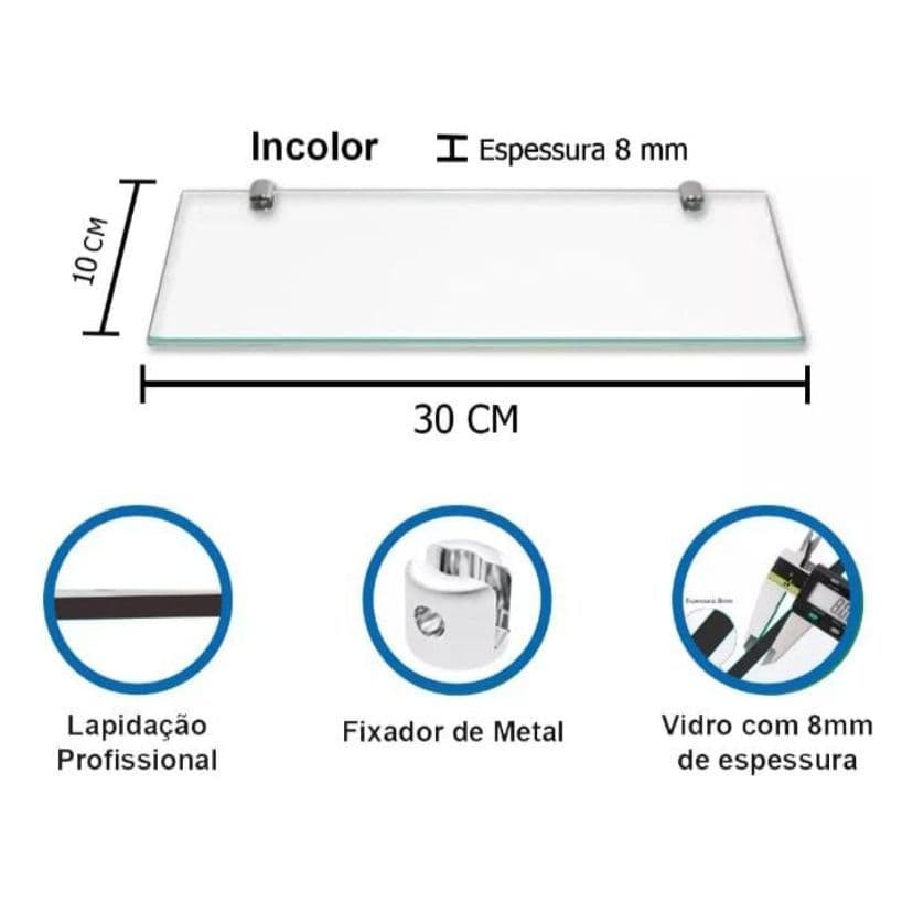 Prateleira de Vidro Com Suporte de Fixação - 8mm - Cozinha- Escritorio- Quarto- Banheiro