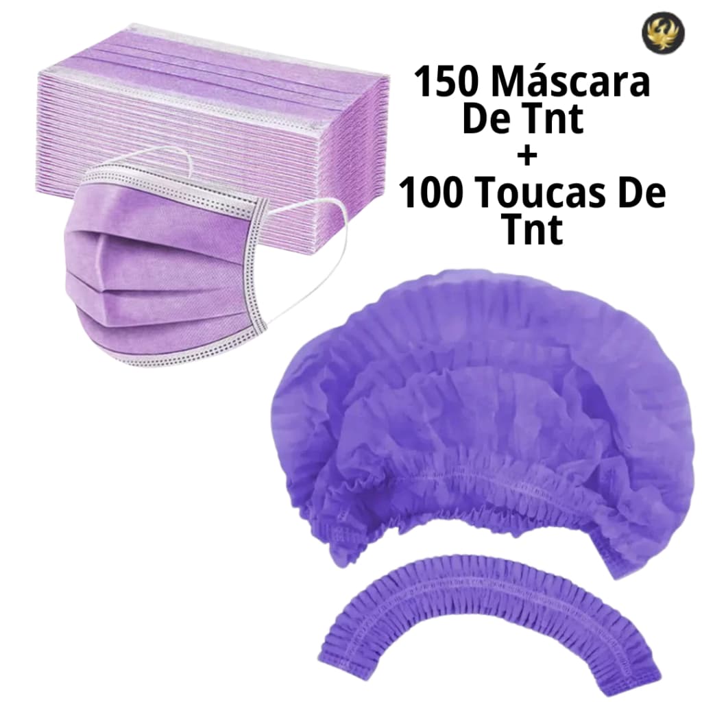 Kit 100 Touca Descartável ROXA+ 150 Máscara Descartável ROXA TNT