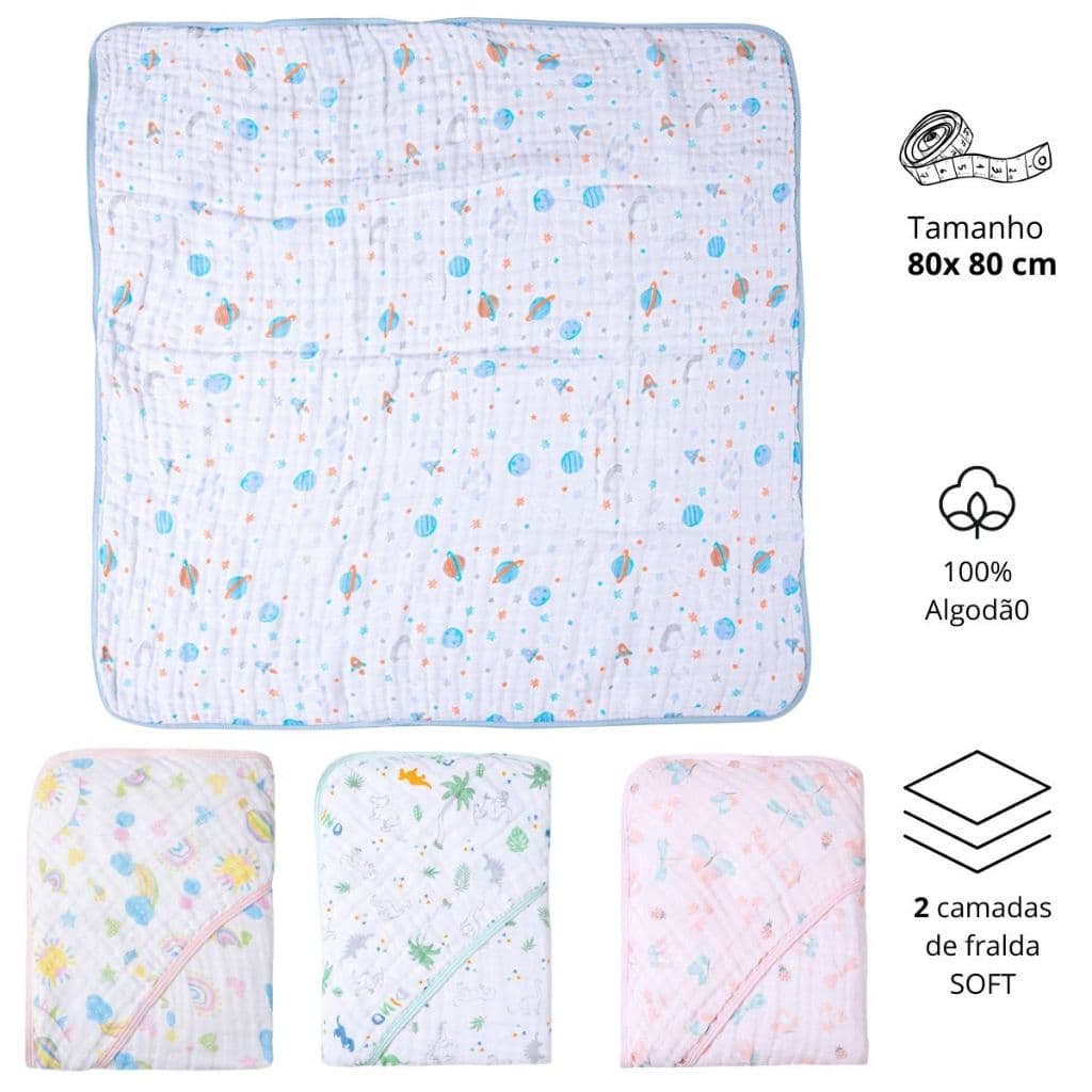 Toalha De Banho Bebê Infantil Soft Karinho com Capuz Estampada 80cm x 80cm
