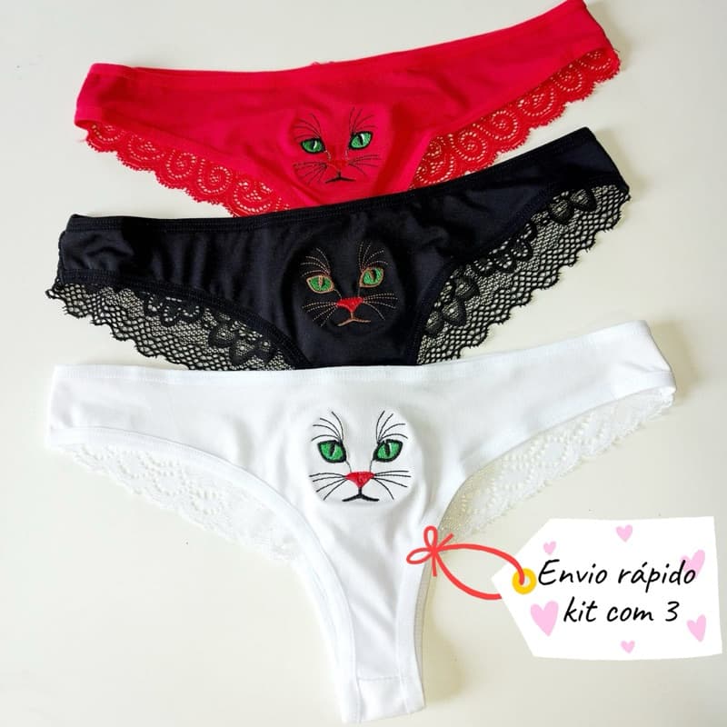 kit 3 tanga feminina gatinho com detalhes em renda linha noite calçinha